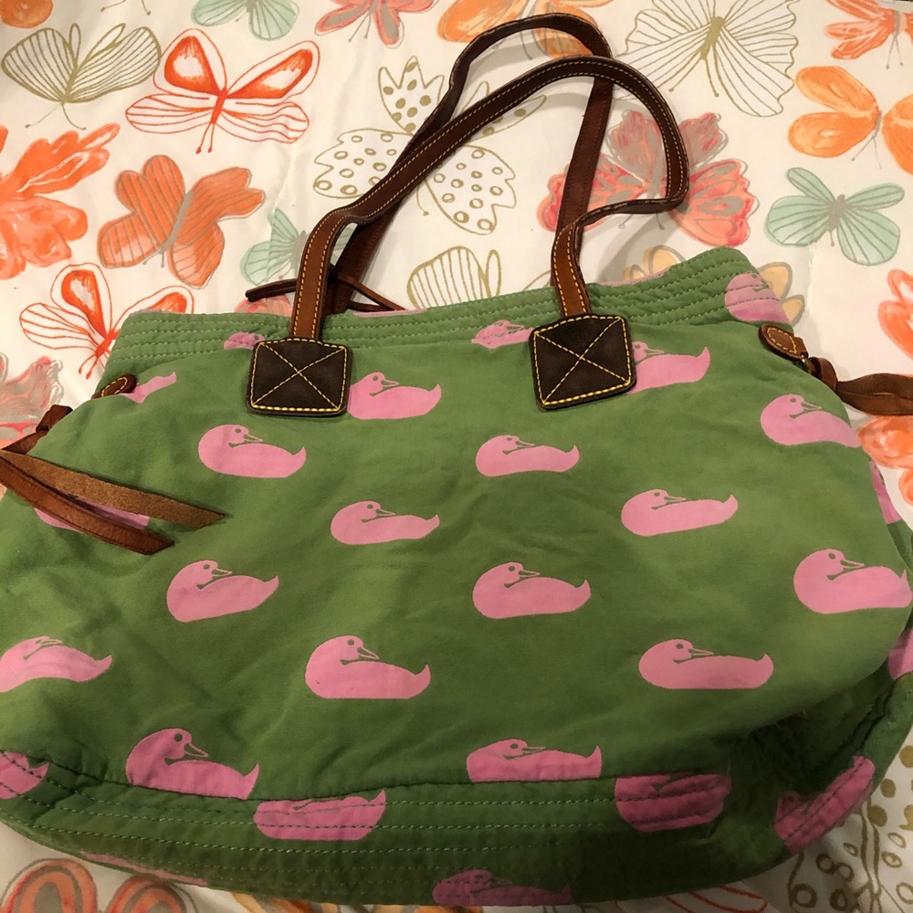 Dooney and Bourke green with pink ducks hand bag